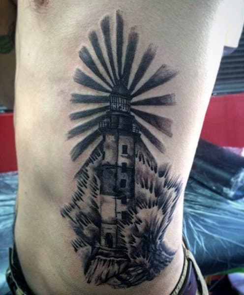 Lighthouse Rib Cage Side Tattoo For Men