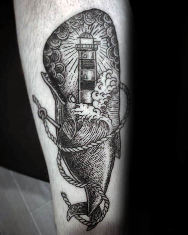 Lighthouse Whale Mens Leg Tattoos