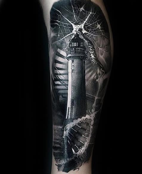 Lighthouse With Dna Helix And Nerves Unbelievable Mens Leg Tattoo