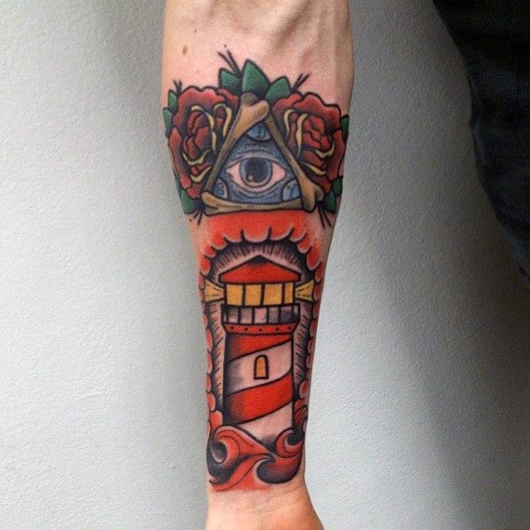 Lighthouse With Eye Mens Traditional Forearm Sleeve Tattoo