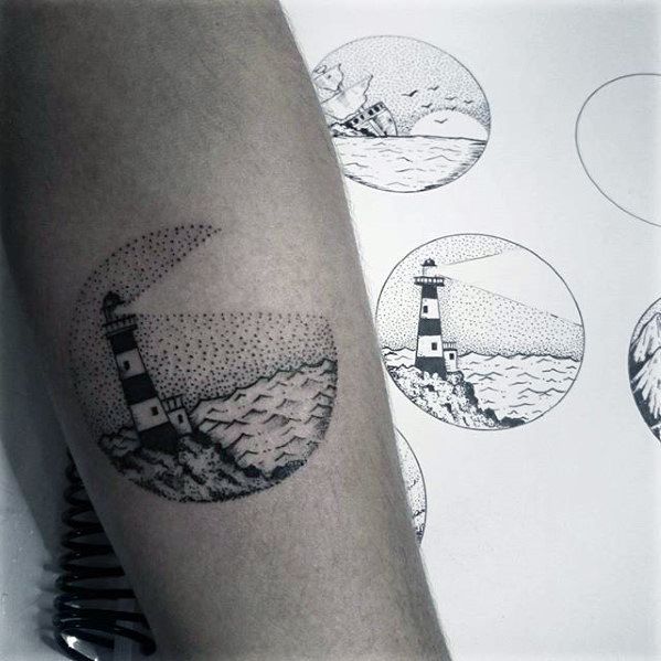 Lighthouse With Ocean Guys Circle Small Forearm Tattoo