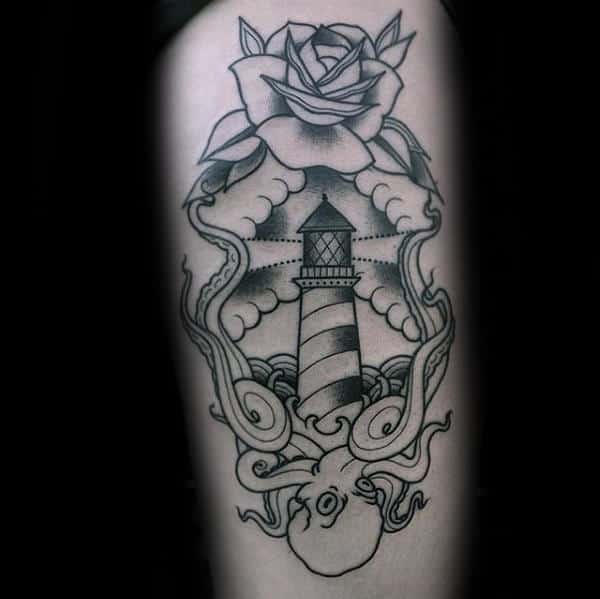 Lighthouse With Rose Flower And Octopus Mens Traditional Tattoos