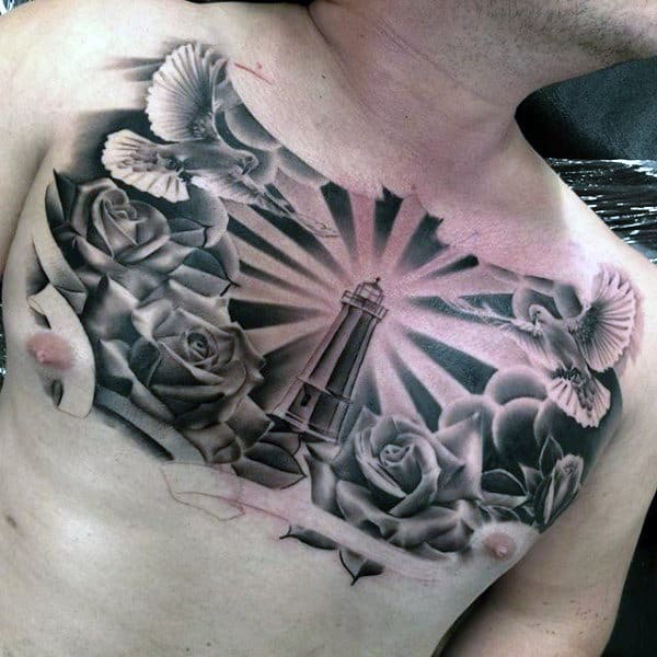 Lighthouse With Rose Flowers Mens Nautical Upper Chest Tattoo