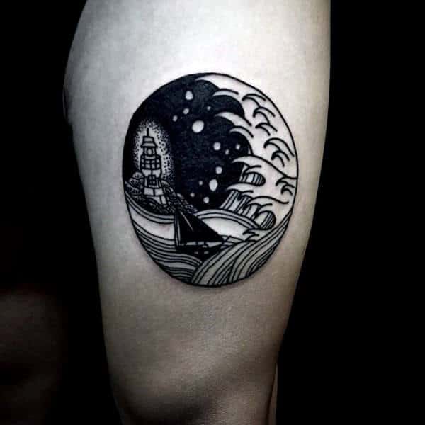 Lighthouse With Ship And Waves Circle Thigh Tattoos For Men