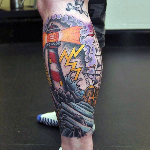 Lighthouse With Storm Traditional Leg Mens Sleeve Tattoo