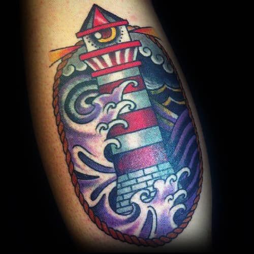 Lighthouse With Waves And Eye Traditional Guys Thigh Tattoos