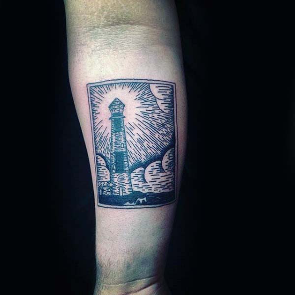Lighthouse Woodcut Inner Forearm Tattoos For Guys