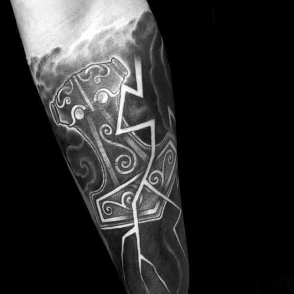 Lighting Bolt Clouds Mjolnir Guys Forearm Sleeve Tattoo Ideas