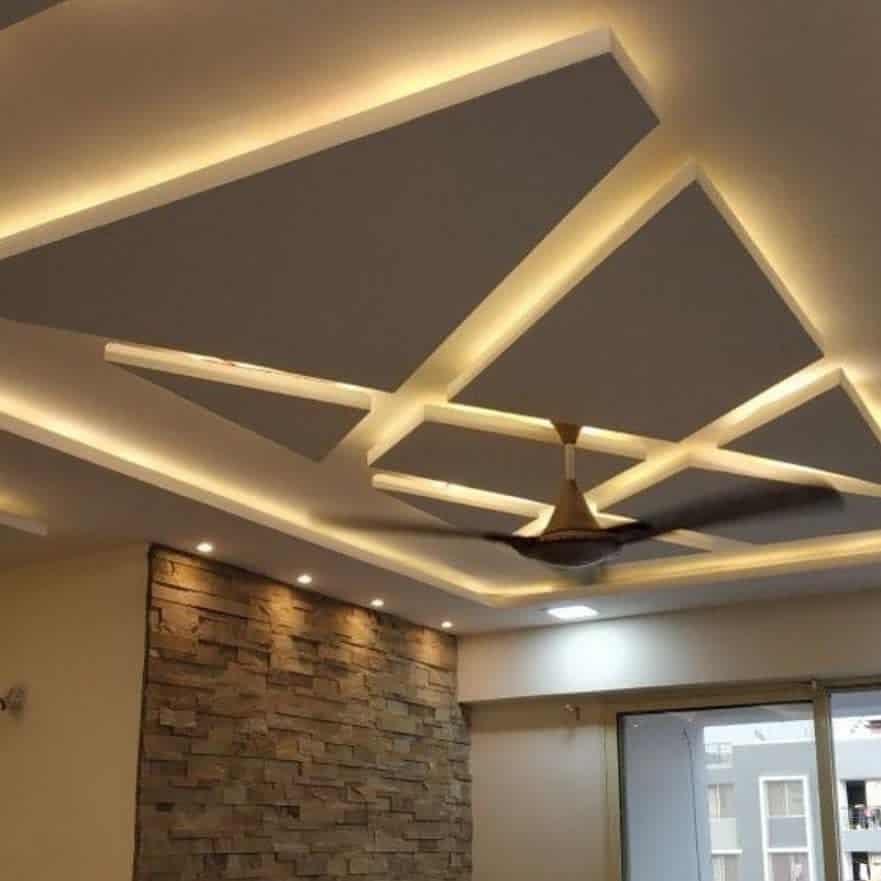 coffered ceiling with led lighting and fan