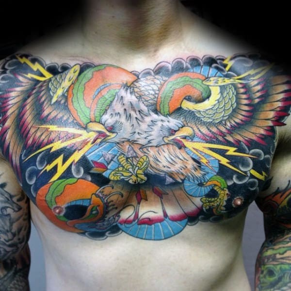 Lighting With Eagle Mens Colorful Chest Tattoos