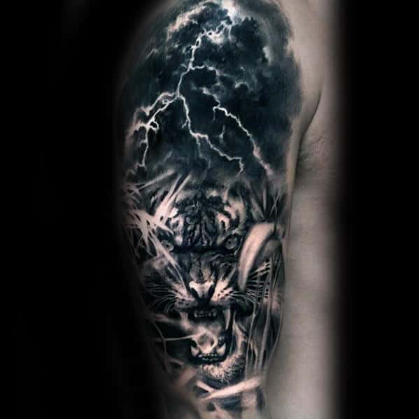 Lighting With Tiger Roaring Different Mens Watercolor Sleeve Tattoo