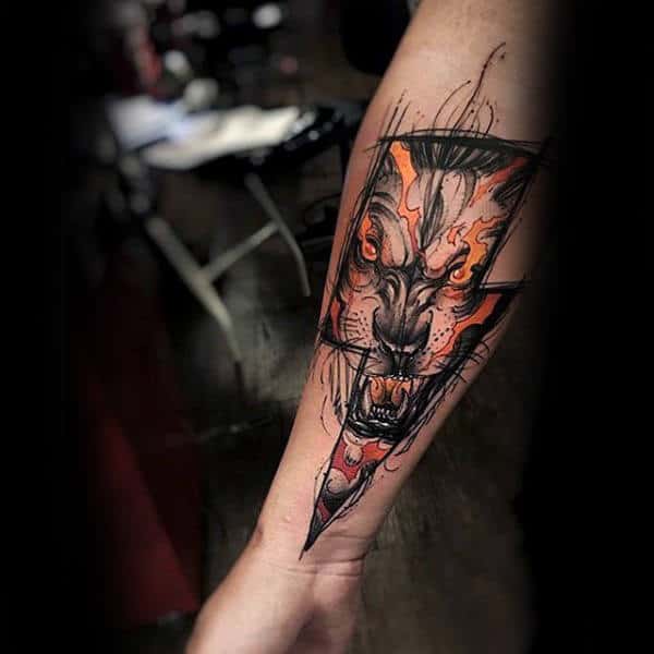 Lightning Bolt Insane Wolf Mens Inner Forearm Tattoo