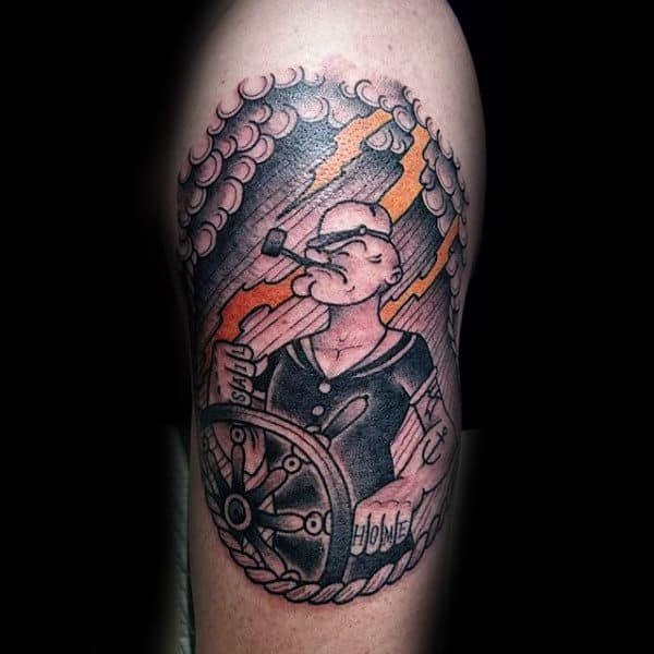 Lightning Clouds Popeye Sailing Ship Mens Arm Tattoo