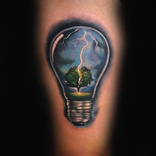 Lightning Hitting Tree Inside Light Bulb Guys Arm Tattoo Ideas
