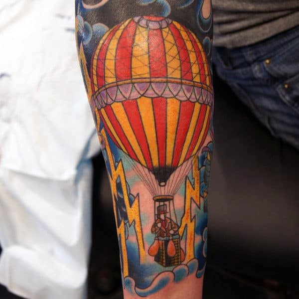 Lightning Hot Air Balloon Mens Forearm Sleeve Tattoo