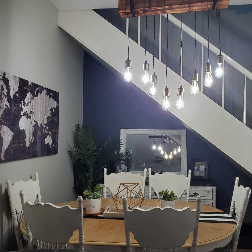 pendant lighting over wood table