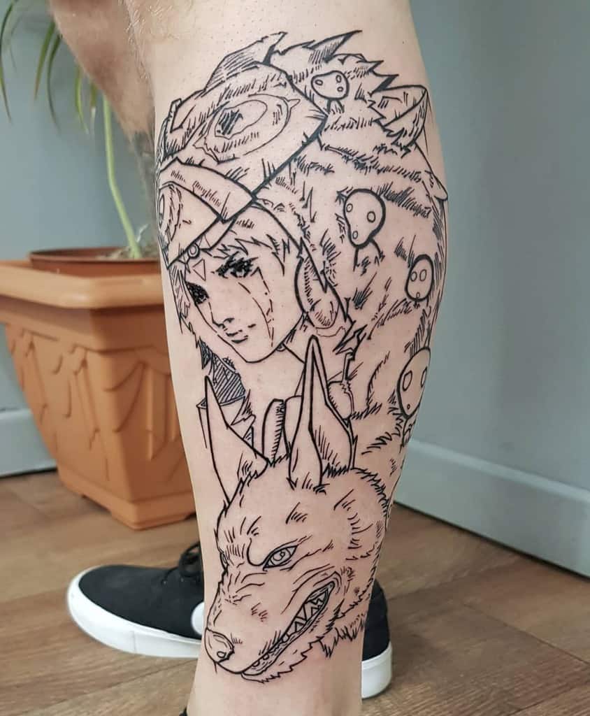 A black and white tattoo featuring a detailed portrait of a character wearing a wolf's headpiece, with a wolf snarling at the bottom. Small ghost-like figures are scattered throughout, and the design is intricately layered on the leg.