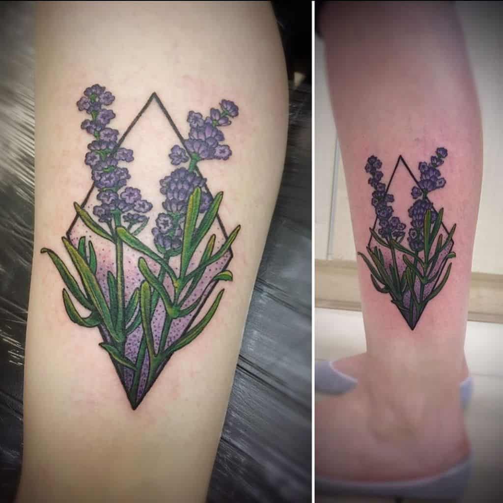 A geometric tattoo featuring a lavender bundle inside a diamond shape, with vibrant purple flowers and green stems, placed on the forearm.