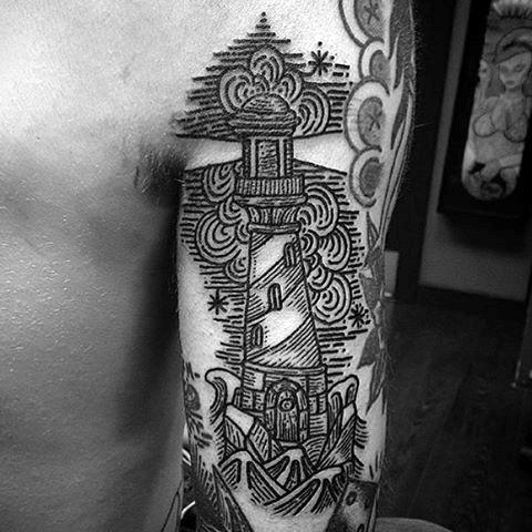 Line Work Lighthouse Male Tattoo Design