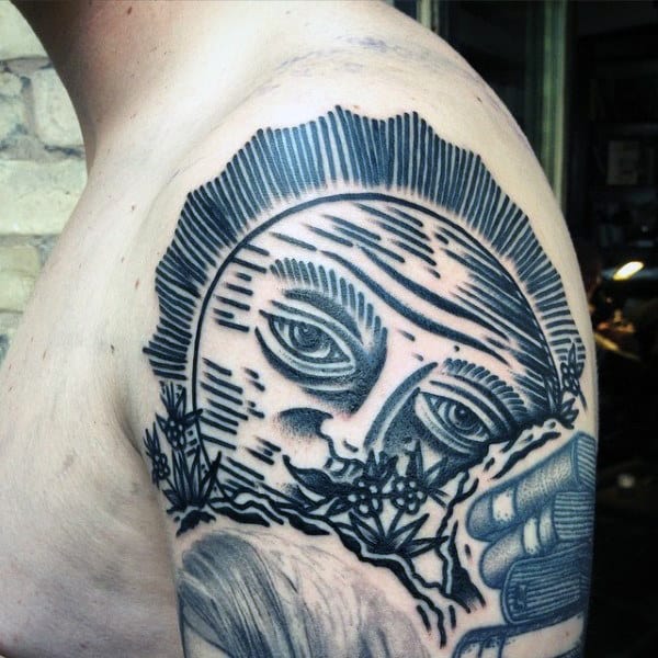 Line Work Rising Sun Face Tattoo For Men On Upper Arm