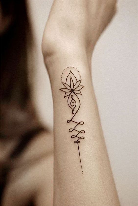 Unalome tattoo with a lotus on the forearm, symbolizing spiritual growth, enlightenment, and the path to inner peace.