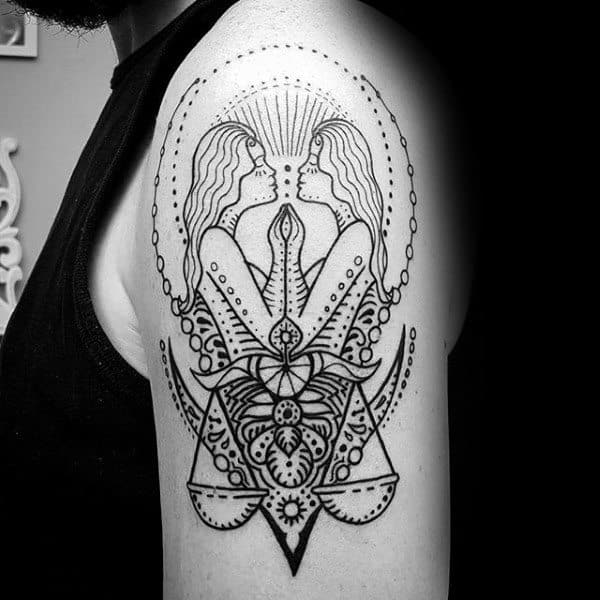 Line Work Upper Arm Black Ink Guys Libra Upper Arm Tattoos