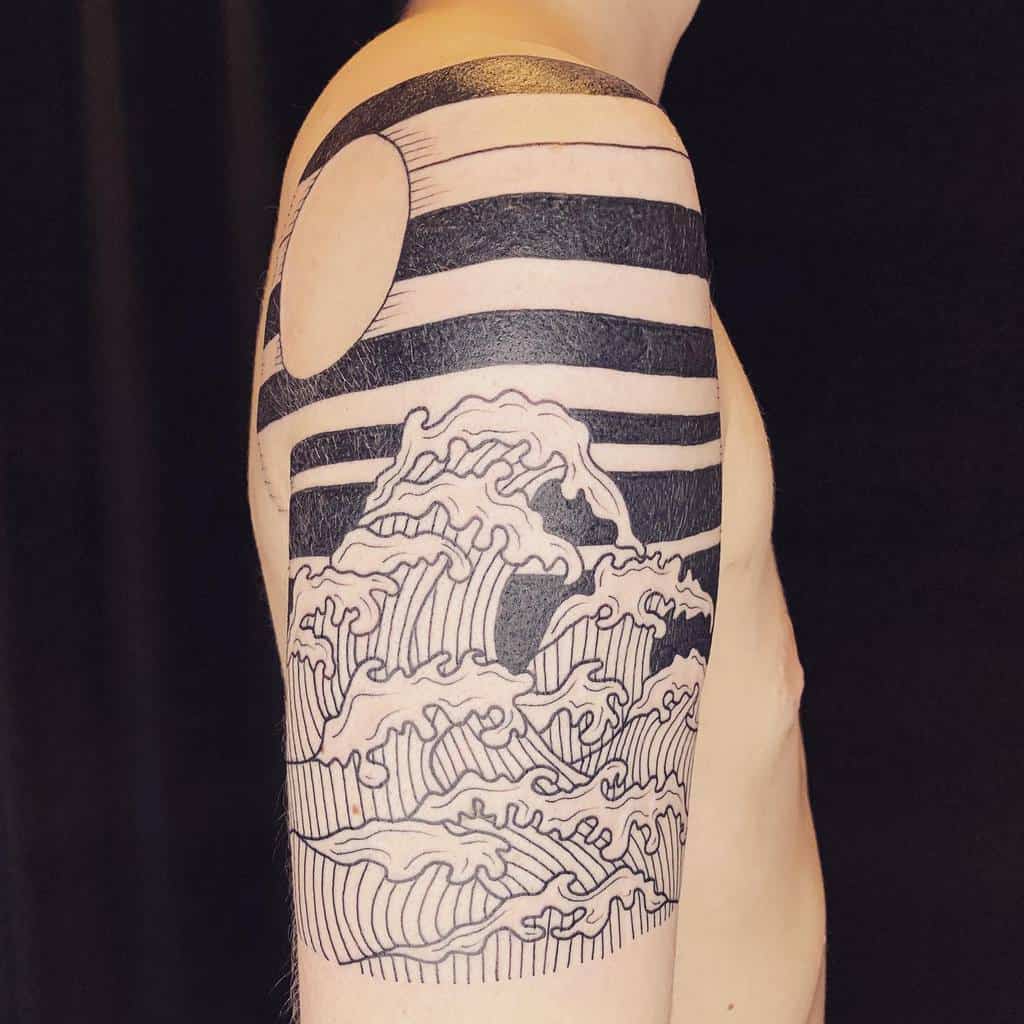 Bold blackwork tattoo featuring stylized ocean waves, a full moon, and striped sky patterns