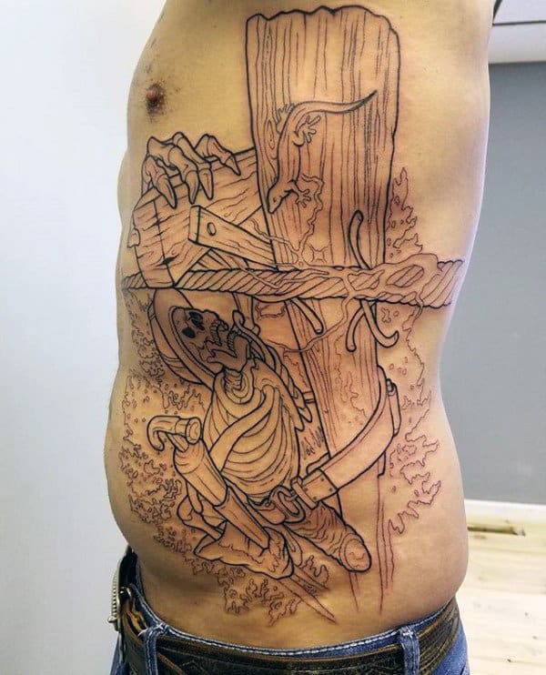 Lineman Skeleton Climbing Electrical Power Line Pole Mens Rib Cage Side Tattoo