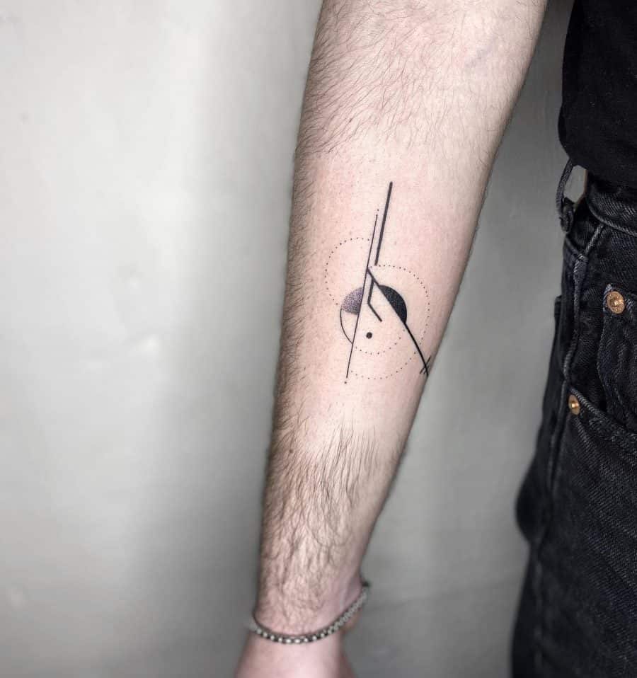 Minimalist forearm tattoo featuring abstract geometric lines, circles, and shading, creating a sleek and modern artistic design.