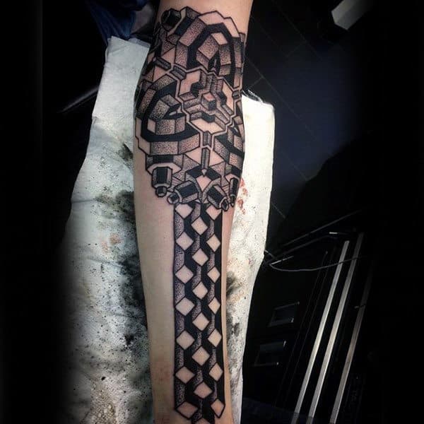 Lines And Squares Pattern Tattoo Mens Forearms