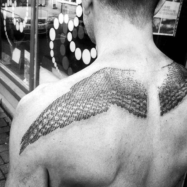 Linework Detailed Guys Upper Back Wings Tattoo
