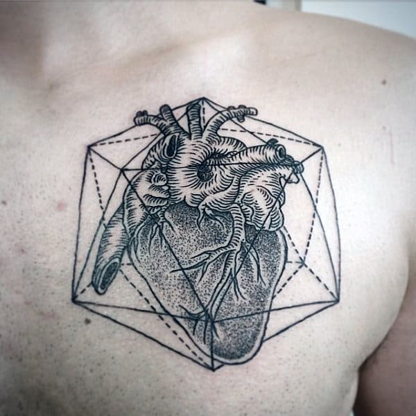 Linework Geometric Heart Male Dotwork Chest Tattoo Ideas