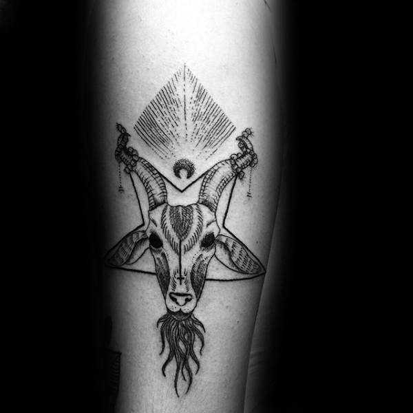 Linework Male Baphomet Pentagram Tattoo On Forearm