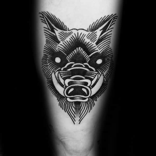 Linework Male Black Ink Boar Thigh Tattoo Inspiration