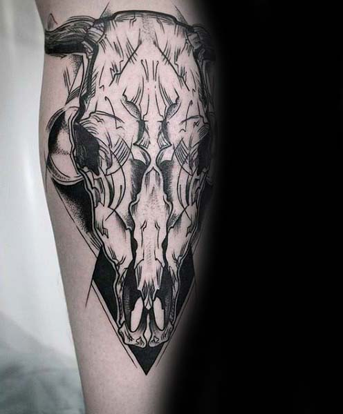 Linework Manly Bull Skull Black Ink Mens Leg Tattoos
