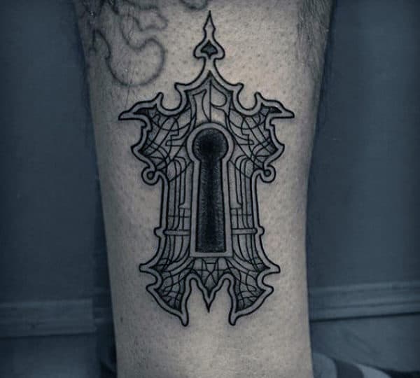 Linework Mens Keyhole Lower Leg Tattoo
