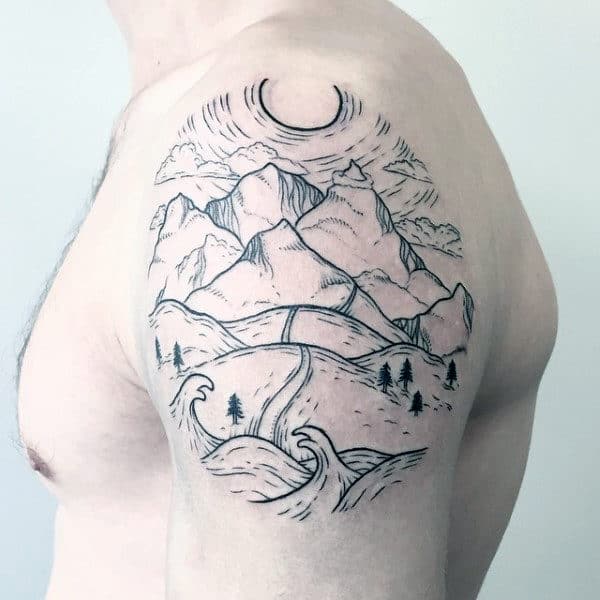 Linework Mens Upper Arm Travel Mountain Road Tattoo