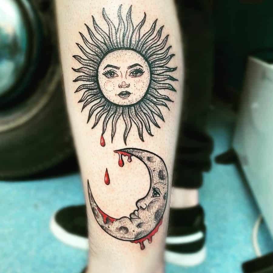 Black and red ink tattoo featuring a radiant sun with a serene face dripping blood onto a crescent moon with a sorrowful expression.
