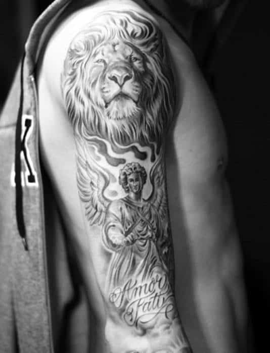 Lion and angel tattoo on a man's upper arm with "Amor Fati" text