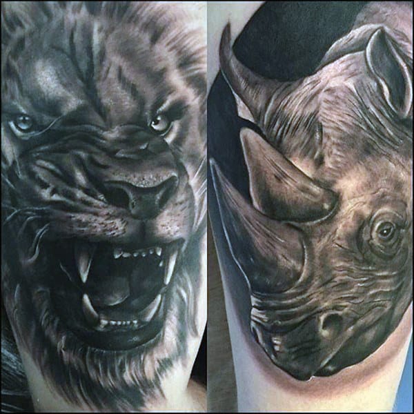 Lion And Rhino Mens Upper Arm Tattoos With Shaded Ink