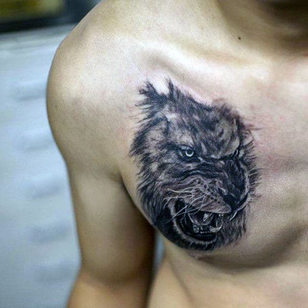 Lion Face Tattoo For Men On Chest
