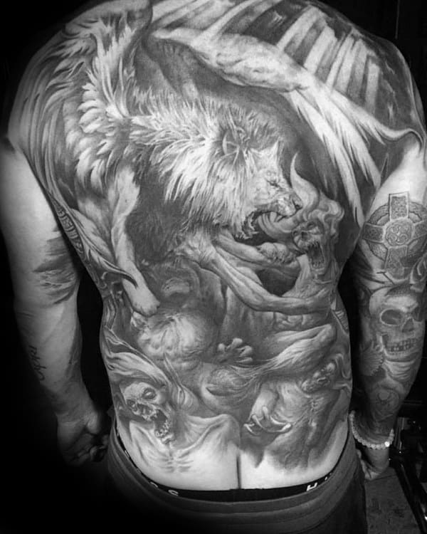 Lion Fighting Demons Guys Shaded Full Back Tattoo Designs