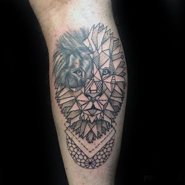 Lion Head Geometric Leg Tattoo Designs For Guys