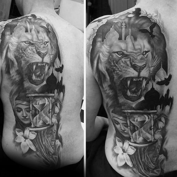 Lion Hourglass Guys Back Tattoo