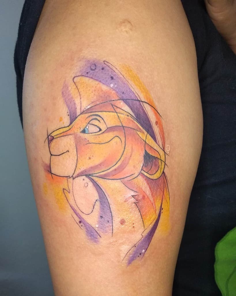 Abstract tattoo of Simba with bold orange and purple splashes, creating a vibrant and artistic representation of strength and pride