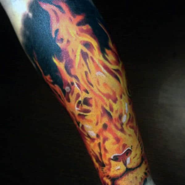 Lion Mens Up In Flames Tattoo