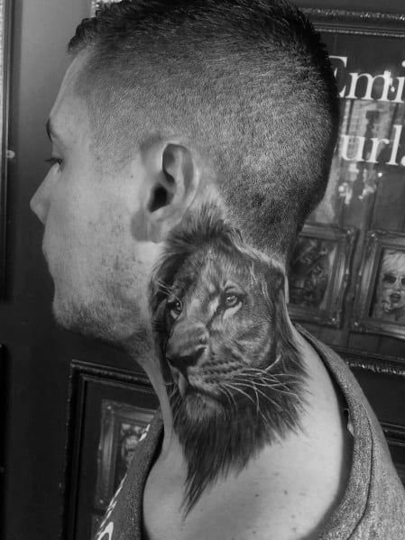 Realistic lion neck tattoo with intricate shading and lifelike details, creating a bold and majestic design that symbolizes strength and wisdom.