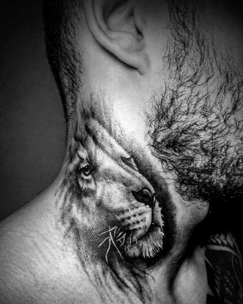 Realistic lion neck tattoo with intricate shading and fine details, creating a bold and majestic design that symbolizes strength and courage.