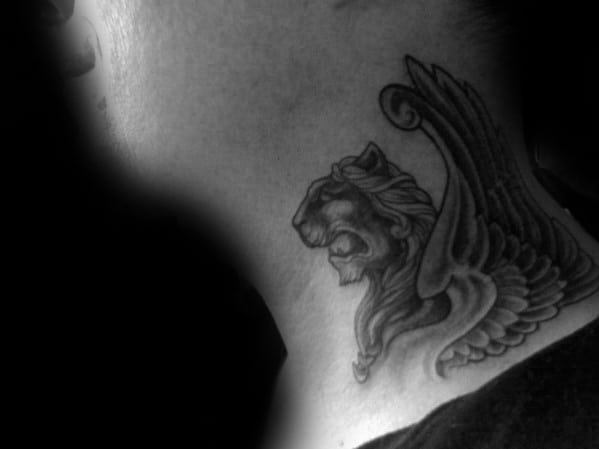 Winged lion neck tattoo with intricate shading and fine details, symbolizing power, freedom, and resilience in a bold and artistic design.