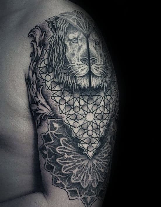 Lion Pointillism Mens Arm Tattoo Ideas